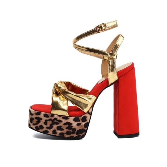 Gold and Red Leopard Printed Chunky Heel Platform Sandals - Picture 1 of 5